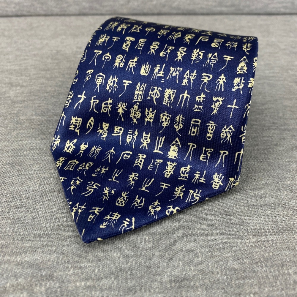 Parksden Hand‎ Made Silk Necktie Blue Chinese Calligraphy Characters Pattern